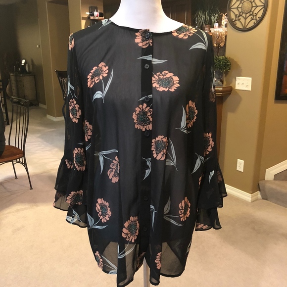 CAbi Tops - Black Sheer Cabi Floral Blouse